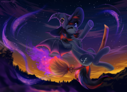Size: 1300x940 | Tagged: safe, artist:margony, oc, oc only, oc:sierra summit, bat pony, pony, bat pony oc, bat wings, broom, chest fluff, commission, digital art, female, flying, flying broomstick, hat, mare, night, one eye closed, scenery, solo, spread wings, stars, tongue out, wings, witch hat