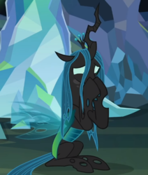 Size: 518x611 | Tagged: safe, screencap, ocellus, queen chrysalis, changedling, changeling, changeling queen, g4, season 8, what lies beneath, adorkable, covering mouth, cropped, cute, cutealis, diaocelles, disguise, disguised changeling, dork, dorkalis, female, giggling, implied chrysalis, laughing, mare, nervous laugh, nightmare cave, queen chrysellus, raised hoof, shy, silly, silly pony, sitting, solo, spread wings, wings