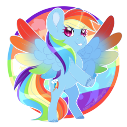 Size: 900x900 | Tagged: safe, artist:sadelinav, rainbow dash, pegasus, pony, g4, chibi, circle background, colored wings, cutie mark background, female, grin, mare, multicolored wings, rainbow wings, rearing, shoulder feathers, simple background, smiling, solo, spread wings, transparent background, underhoof, unshorn fetlocks, wings