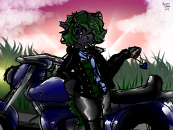 Size: 1600x1200 | Tagged: safe, artist:brainiac, oc, oc only, oc:jetlag, pony, unicorn, cigarette, clothes, floppy ears, goggles, heart necklace, jacket, leather boots, leather jacket, leather pants, locket, male, motorcycle, pants, scarf, signature, solo, stallion