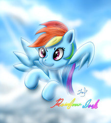 Size: 1024x1126 | Tagged: safe, artist:fancxyfox, rainbow dash, pegasus, pony, g4, bust, cloud, female, mare, sky, smiling, solo, spread wings, wings