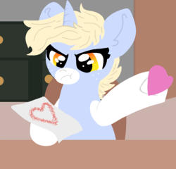 Size: 980x940 | Tagged: safe, artist:nootaz, oc, oc only, oc:nootaz, pony, unicorn, angry, chair, cute, desk, female, frown, glare, glitter, heart, hoof hold, madorable, mare, nootabetes, ocbetes, paper, pingu, ponified, ponified meme, sitting, solo, underhoof