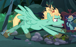 Size: 628x395 | Tagged: safe, screencap, zephyr breeze, pegasus, pony, flutter brutter, g4, cropped, dirty, epic fail, fail, hair bun, male, messy mane, muddy hooves, solo, stallion, wings