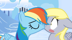 Size: 604x339 | Tagged: safe, artist:applegemmlplover121, artist:mintybases, derpy hooves, rainbow dash, pegasus, pony, g4, base used, blushing, duo, eyes closed, female, kiss on the lips, kissing, lesbian, mare, ship:derpydash, shipping, surprise kiss