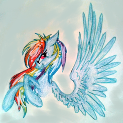 Size: 1521x1516 | Tagged: safe, artist:mysteriousshine, rainbow dash, pegasus, pony, g4, bust, female, grin, mare, portrait, smiling, solo, spread wings, traditional art, wings