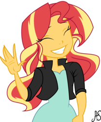Size: 1613x1943 | Tagged: safe, artist:sparkling-sunset-s08, sunset shimmer, equestria girls, g4, my little pony equestria girls: friendship games, cute, eyes closed, female, shimmerbetes, simple background, smiling, solo, transparent background, waving