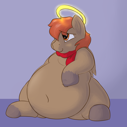 Size: 2500x2500 | Tagged: safe, artist:lupin quill, oc, oc only, oc:winterlight, pony, belly, belly button, bhm, big belly, chubby, clothes, cute, fat, flabby chest, halo, high res, puppy dog eyes, scarf, simple background, solo, stuffed, unshorn fetlocks