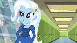 Size: 1920x1080 | Tagged: safe, screencap, trixie, equestria girls, g4, my little pony equestria girls, canterlot high, crackers, cute, diatrixes, fall formal outfits, female, food, hallway, lockers, open mouth, peanut butter, peanut butter crackers, solo, vending machine