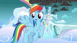 Size: 1920x1080 | Tagged: safe, screencap, rainbow dash, pegasus, pony, g4, school raze, cloud, cloudsdale, cute, female, field trip, flying, mare, rainbow, rainbow waterfall, scattered thunderstorms, sky, solo, stormcloud, weather factory