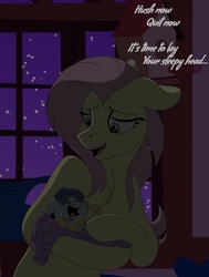 Size: 1392x1846 | Tagged: safe, artist:pastel-charms, fluttershy, oc, oc:low-key paradox, hybrid, g4, baby, baby draconequus, crying, female, holding, hush now quiet now, interspecies offspring, lullaby, male, mother and son, night, offspring, parent:discord, parent:fluttershy, parents:discoshy