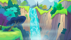 Size: 1440x811 | Tagged: safe, screencap, g4, pinkie apple pie, cliff, raft, scenery, tree, waterfall