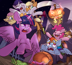 Size: 2400x2200 | Tagged: safe, artist:passigcamel, applejack, fluttershy, pinkie pie, rainbow dash, rarity, twilight sparkle, alicorn, earth pony, pegasus, pony, unicorn, g4, armpits, cowboy hat, eyes closed, female, flying, goggles, halloween, hat, high res, holiday, hoof hold, jack-o-lantern, mane six, mare, open mouth, pumpkin, screaming, scythe, terraria, twilight sparkle (alicorn)