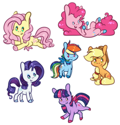 Size: 2591x2694 | Tagged: safe, artist:cutepencilcase, applejack, fluttershy, pinkie pie, rainbow dash, rarity, twilight sparkle, alicorn, earth pony, pegasus, pony, unicorn, g4, chibi, colored hooves, cowboy hat, cute, female, hat, high res, mane six, mare, outline, simple background, transparent background, twilight sparkle (alicorn), white outline