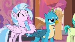 Size: 1280x720 | Tagged: safe, screencap, gallus, sandbar, silverstream, griffon, hippogriff, pony, g4, non-compete clause, cute, diastreamies, duo focus, eyes closed, female, male, noblewoman's laugh