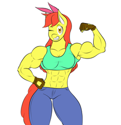 Size: 1678x1726 | Tagged: safe, artist:calm wind, artist:matchstickman, apple bloom, earth pony, anthro, matchstickman's apple brawn series, g4, abs, apple brawn, armpits, biceps, bow, breasts, busty apple bloom, clothes, fingerless gloves, gloves, midriff, muscles, older