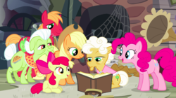 Size: 1440x809 | Tagged: safe, screencap, apple bloom, applejack, big macintosh, goldie delicious, granny smith, pinkie pie, earth pony, pony, g4, pinkie apple pie, apple family, book, family, female, filly, foal, gramophone, male, mare, prone, reading, spider web, stallion