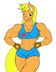 Size: 1271x1635 | Tagged: safe, artist:calm wind, artist:matchstickman, edit, applejack, earth pony, anthro, g4, 1000 years in photoshop, abs, applejacked, biceps, breasts, busty applejack, cleavage, clothes, fingerless gloves, gloves, missing accessory, muscles, one eye closed, shorts, sports bra