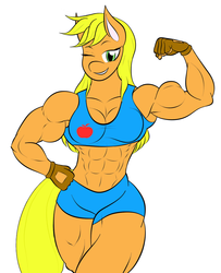 Size: 1330x1636 | Tagged: safe, artist:calm wind, artist:matchstickman, edit, applejack, earth pony, anthro, g4, 1000 years in photoshop, abs, applejacked, armpits, biceps, breasts, busty applejack, cleavage, clothes, fingerless gloves, flexing, gloves, missing accessory, muscles, one eye closed, shorts, sports bra