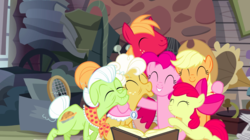 Size: 1440x808 | Tagged: safe, screencap, apple bloom, applejack, big macintosh, goldie delicious, granny smith, pinkie pie, earth pony, pony, g4, pinkie apple pie, apple family, book, elderly, eyes closed, family, female, filly, foal, group hug, hug, male, mare, stallion