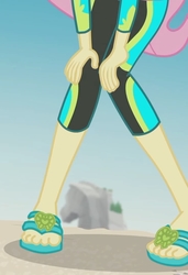Size: 1437x2100 | Tagged: safe, screencap, fluttershy, aww... baby turtles, equestria girls, g4, my little pony equestria girls: better together, beach, clothes, cropped, feet, female, flip-flops, fluttershy's wetsuit, legs, pictures of legs, sand, sandals, solo, swimsuit, toes, wetsuit