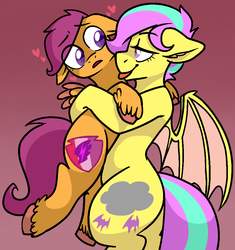 Size: 924x982 | Tagged: safe, artist:/d/non, scootaloo, oc, oc:star shower, bat pony, pegasus, pony, g4, canon x oc, female, floating heart, floppy ears, gradient background, heart, lesbian, lifting, nervous, standing, tongue out, unshorn fetlocks