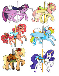 Size: 1280x1650 | Tagged: safe, artist:peachybats, applejack, fluttershy, pinkie pie, rainbow dash, rarity, twilight sparkle, alicorn, classical unicorn, earth pony, pegasus, pony, unicorn, g4, carousel, cloven hooves, female, horn, leonine tail, mane six, mare, saddle, tack, twilight sparkle (alicorn), unshorn fetlocks