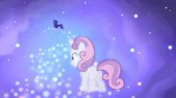 Size: 1440x808 | Tagged: safe, screencap, princess luna, sweetie belle, alicorn, pony, unicorn, for whom the sweetie belle toils, g4, butt, dream realm, dream walker luna, duo, ethereal mane, female, filly, foal, mare, plot, singing