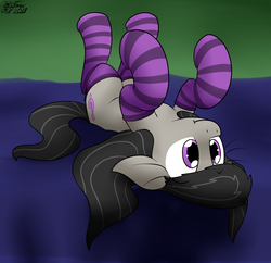 Size: 1739x1683 | Tagged: safe, artist:the-furry-railfan, octavia melody, earth pony, pony, g4, bed, clothes, cute, female, hooves in air, i'm so alone, on back, socks, socktavia, solo, striped socks, tavibetes, upside down