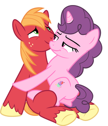 Size: 3276x3810 | Tagged: safe, edit, vector edit, big macintosh, sugar belle, earth pony, pony, unicorn, g4, cuddling, female, flirting, high res, male, mare, misleading thumbnail, missing accessory, ship:sugarmac, shipping, simple background, stallion, straight, vector, white background