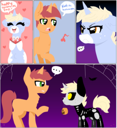 Size: 1980x2159 | Tagged: safe, artist:nootaz, oc, oc:game guard, oc:nootaz, bat, spider, angry, clothes, comic, costume, ship:gametaz, skeleton costume, spooky