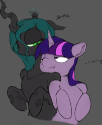 Size: 1280x1577 | Tagged: safe, artist:aenbrdraws, queen chrysalis, twilight sparkle, changeling, changeling queen, pony, g4, bedroom eyes, bipedal, female, floppy ears, gray background, lesbian, looking at each other, mare, ship:twisalis, shipping, simple background, speech