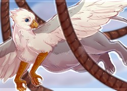 Size: 1280x914 | Tagged: safe, artist:roobin, oc, oc only, oc:der, griffon, abdominal bulge, fetish, flying, male, micro, oral vore, rope, solo, spread wings, vore, wings