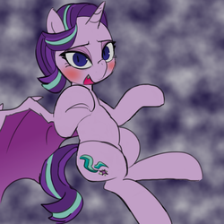 Size: 1000x1000 | Tagged: safe, artist:baigak, color edit, edit, starlight glimmer, bat pony, pony, unicorn, g4, bat wings, blushing, colored, cutie mark, fangs, female, glimbat, halloween, holiday, solo, traditional art, wings