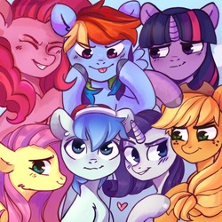 Size: 960x960 | Tagged: safe, artist:trishalr, applejack, fluttershy, pinkie pie, rainbow dash, rarity, twilight sparkle, oc, earth pony, pegasus, pony, unicorn, g4, :p, blue background, commission, digital art, eyes closed, female, freckles, group, group photo, male, mare, silly, simple background, smiling, stallion, tongue out, ych result