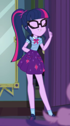 Size: 309x551 | Tagged: safe, screencap, sci-twi, spike, spike the regular dog, twilight sparkle, dog, equestria girls, g4, my little pony equestria girls: better together, star crossed, clothes, cropped, eyes closed, female, geode of telekinesis, glasses, offscreen character, ponytail, shoes, skirt, smiling, socks