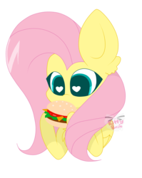 Size: 3216x4032 | Tagged: safe, artist:kittyrosie, fluttershy, pegasus, pony, g4, burger, cute, female, food, heart eyes, mare, ponies eating meat, shyabetes, simple background, solo, transparent background, wingding eyes