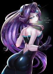 Size: 800x1113 | Tagged: safe, artist:tzc, rarity, equestria girls, equestria girls series, the other side, anatomically incorrect, ass, back, barrette, bedroom eyes, breasts, busty rarity, butt, clothes, dress, female, gloves, hairclip, hairpin, looking at you, looking back, looking back at you, open-back dress, rearity, sexy, shiny, skintight clothes, smiling, solo, standing, stupid sexy rarity, the ass was fat, unitard, wide hips