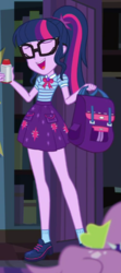 Size: 259x585 | Tagged: safe, screencap, sci-twi, spike, spike the regular dog, twilight sparkle, dog, equestria girls, equestria girls series, g4, star crossed, bag, clothes, cropped, eyes closed, geode of telekinesis, glasses, offscreen character, ponytail, shoes, skirt, socks