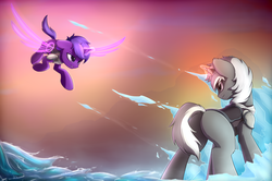 Size: 4436x2947 | Tagged: safe, artist:avastin4, oc, oc only, pony, unicorn, armor, artificial wings, augmented, butt, fanfic art, flying, ice magic, magic, magic wings, plot, water magic, wings