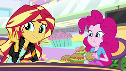 Size: 1920x1080 | Tagged: safe, screencap, pinkie pie, sunset shimmer, equestria girls, equestria girls specials, g4, my little pony equestria girls: mirror magic, belt, book, bracelet, burger, canterlot mall, cardigan, chair, clothes, cute, eating, food, geode of empathy, geode of sugar bombs, hamburger, jacket, jewelry, leather jacket, looking at you, looking down, magical geodes, oat burger, oats, shimmerbetes, shirt, sitting, skirt, smiling, table, that human sure does love burgers