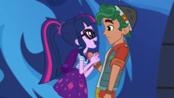 Size: 1280x720 | Tagged: safe, screencap, sci-twi, timber spruce, twilight sparkle, equestria girls, g4, my little pony equestria girls: better together, star crossed, bag, clothes, female, holding hands, male, ponytail, shipping, skirt, smiling, straight, timbertwi, vest