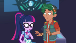 Size: 1280x720 | Tagged: safe, screencap, sci-twi, timber spruce, twilight sparkle, equestria girls, equestria girls series, g4, star crossed, clothes, female, geode of telekinesis, glasses, magical geodes, male, ponytail, shipping, straight, timbertwi