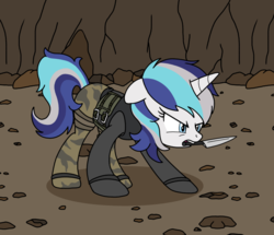 Size: 768x662 | Tagged: safe, artist:linedraweer, oc, oc only, oc:melody, pony, unicorn, alternate universe, army, cave, commission, female, knife, mare, military, military uniform, not shining armor, solo