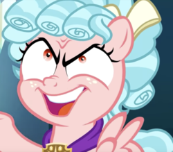 Size: 1370x1198 | Tagged: safe, screencap, cozy glow, pegasus, pony, g4, school raze, cozy glow is best facemaker, cropped, curls, evil, evil grin, faic, female, filly, freckles, grin, looking up, medallion, ribbon, scrunchy face, smiling, solo, spread wings, teeth, wide eyes, wings, wrinkles