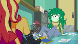 Size: 1920x1080 | Tagged: safe, screencap, sunset shimmer, wallflower blush, equestria girls, equestria girls series, forgotten friendship, g4, boots, clothes, duo, female, freckles, legs, pants, shoes, sitting, skirt, solo focus, sweater