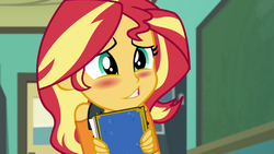 Size: 1920x1080 | Tagged: safe, screencap, sunset shimmer, equestria girls, equestria girls specials, g4, my little pony equestria girls: better together, my little pony equestria girls: forgotten friendship, blushing, female, solo