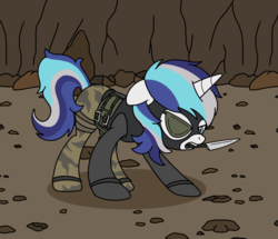 Size: 768x662 | Tagged: safe, artist:linedraweer, oc, oc only, oc:melody, pony, unicorn, alternate universe, army, cave, commission, eyepatch, female, knife, mare, mask, military, military uniform, not shining armor, solo