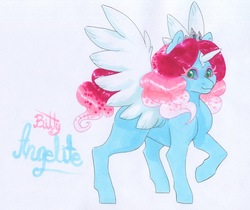 Size: 2846x2387 | Tagged: safe, artist:frozensoulpony, oc, oc only, oc:bitty angelite, alicorn, pony, alicorn oc, colored sclera, female, filly, high res, magical lesbian spawn, offspring, parent:fluttershy, parent:princess luna, parents:lunashy, solo, traditional art