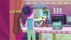 Size: 1920x1080 | Tagged: safe, screencap, coral pink, juniper montage, velvet sky, equestria girls, equestria girls specials, g4, mirror magic, apron, bandana, bauble, bracelet, cash register, cinema, clothes, eyes closed, female, food, glasses, hair tie, hat, jewelry, magic mirror, mirror, mother and daughter, open mouth, pants, pigtails, poofy shoulders, popcorn, shirt, skirt, soda machine, standing, uniform, vest