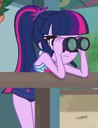Size: 416x540 | Tagged: safe, screencap, sci-twi, twilight sparkle, equestria girls, g4, my little pony equestria girls: better together, unsolved selfie mysteries, binoculars, clothes, cropped, female, geode of telekinesis, ponytail, swimsuit